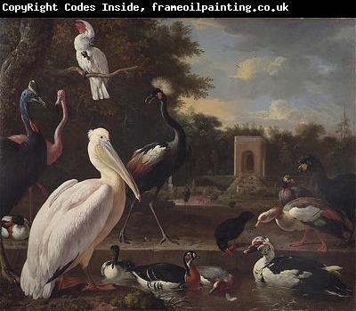 Melchior de Hondecoeter A Pelican and other exotic birds in a park